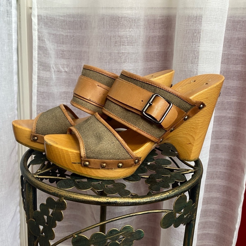 CNC Costume National Wood & Leather Platform Clog Sandal Size 41 Vintage